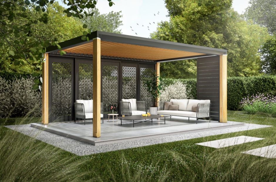 Pergola bioclimatique Cebel modèle Carat avec éclairage LED intégré vannes